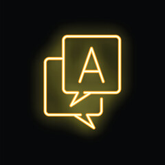 Bright yellow neon sign showing a speech bubble with the letter a inside, representing communication