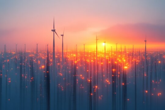 A futuristic wind farm glows at sunset, turbines harnessing clean energy amidst a vibrant sky, powering a shimmering cityscape. - Powered by Adobe