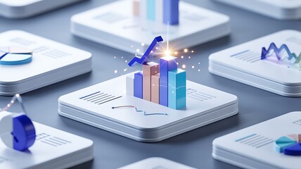 Abstract 3d render of a growing bar chart with glowing light effects on a futuristic digital display grid