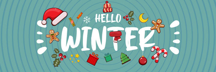 Hello winter banner design template with santa hat, christmas tree, candy, hat, mittens, berries, stars, gifts, balls, moon , gingerbread man, cookies. Hello winter blue wide banner and poster