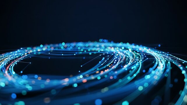 Abstract swirling vortex of glowing blue and white light trails representing data flow and digital connection on a dark background