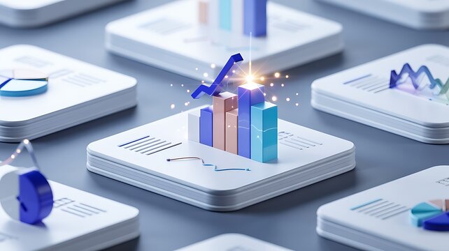 Abstract 3d render of a growing bar chart with glowing light effects on a futuristic digital display grid