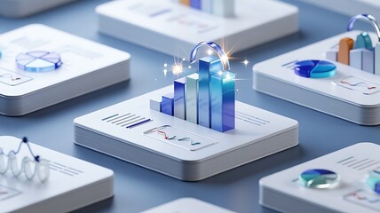 Abstract futuristic digital data visualization with glowing blue bars and pie charts on white platforms