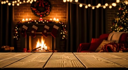 Obraz premium Cozy christmas fireplace with warm glowing lights and empty wooden table
