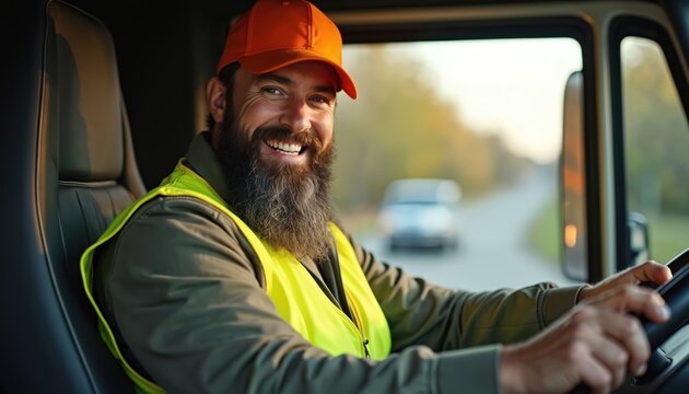 Bearded man with orange cap smiles driving truck cabin. He wears hi-vis vest and grips steering wheel on road trip. Another vehicle travels behind.