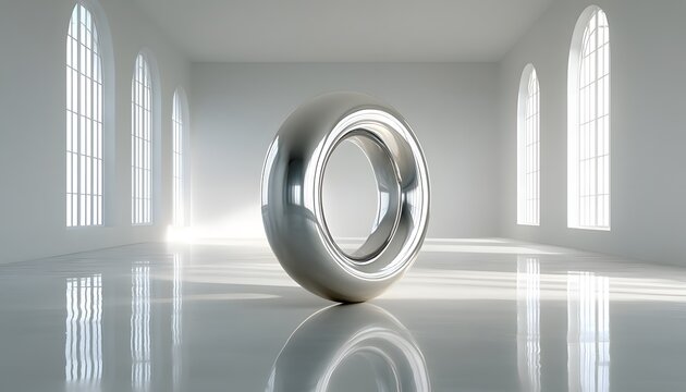 Massive mirror-like chrome torus floating in a bright white hall with arched windows. - Powered by Adobe