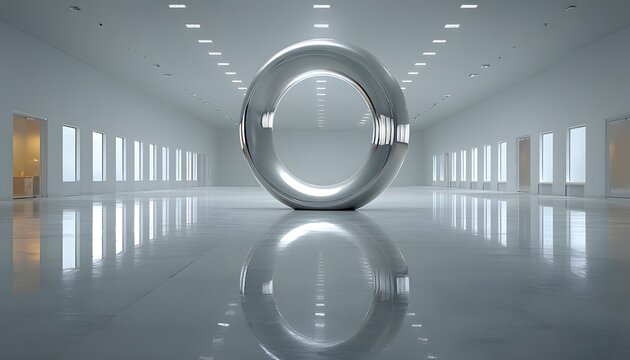 Massive mirror-like chrome torus floating in a bright white hall with arched windows.