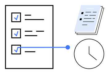 Checklist with blue checkmarks, clock, and stacked documents representing task tracking and organization. Ideal for productivity, planning, workflow, deadlines, efficiency, teamwork simple flat