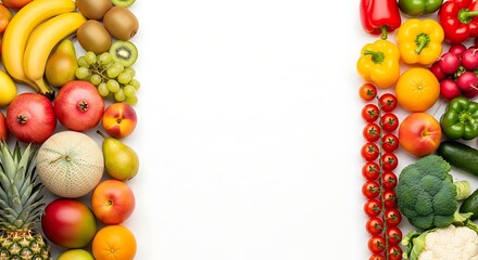 Vibrant assortment of fresh fruits and vegetables arranged on a white background