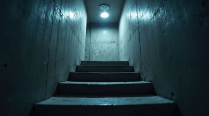 Dark concrete stairs leading to eerie glowing light above
