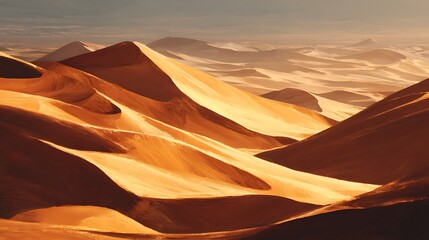 digital painting of vast desert sand dunes, warm golden and orange tones
