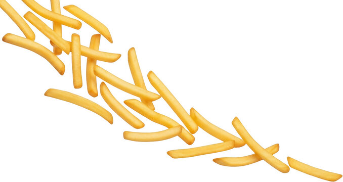 Crispy golden french fries scattered in a dynamic arrangement ideal isolate with potato food snack transparent background junk food fast food potato chips