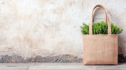 A rustic jute tote bag brimming with fresh green rosemary stands against a weathered, textured wall, evoking a sense of natural abundance and sustainable living