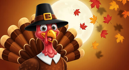 Naklejka premium Cartoon turkey wearing a pilgrim hat against a lunar backdrop with falling maple leaf, representing Thanksgiving holiday tradition and festive celebration
