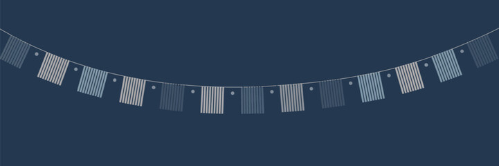 A string of blue and white striped flags hanging against a dark blue background in a curved arrangement