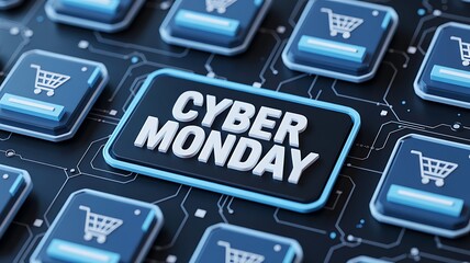 Cyber monday sale concept with glowing buttons and shopping cart icons on a digital circuit board background