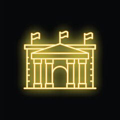 Fototapeta premium Yellow glowing neon sign representing a parliament building with flags, on a black background