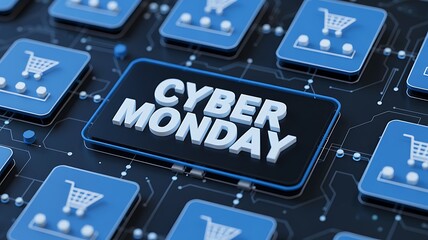 Cyber monday concept with illuminated shopping cart icons on a digital keyboard representing online sales and e commerce promotions