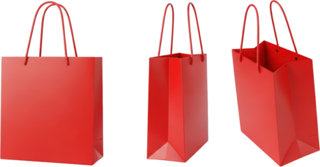 Three Red Paper Shopping Bags Shown From Different Angles On A Transparent Background Ready To Isolate Paper Bag Retail Commerce Purchase Gift Bag Carrier Bag Transparent Background