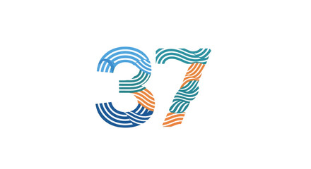 Abstract Number Thirty Seven Artwork with Colorful Wave Patterns on White Background