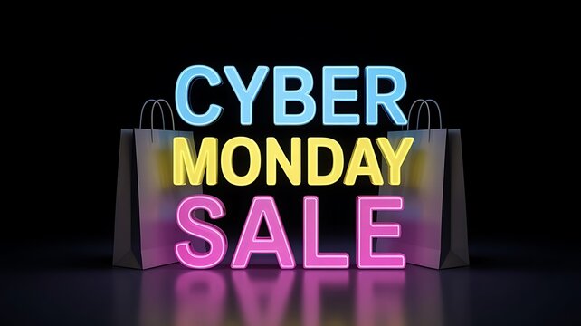 Vibrant neon cyber monday sale signage with glowing text on a dark background - Powered by Adobe