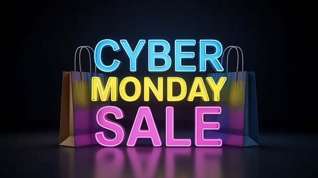 Vibrant neon cyber monday sale signage glowing brightly on shopping bags against a dark background