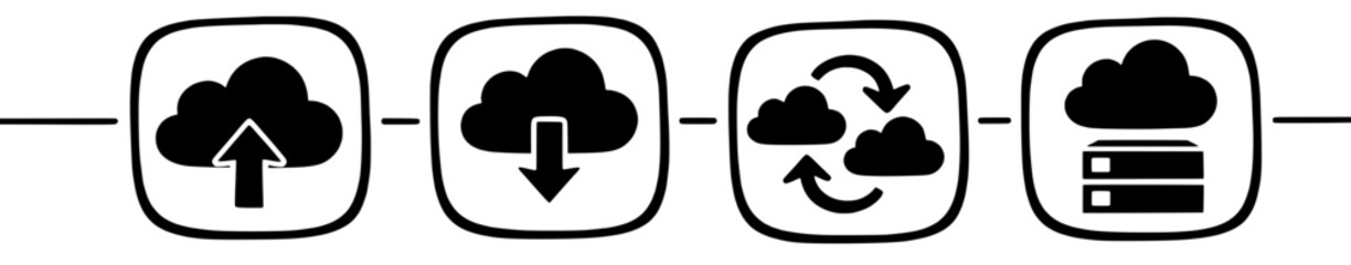 Vecter icons for cloud computing data flow diagram showing upload,download,sync and storage process outline design