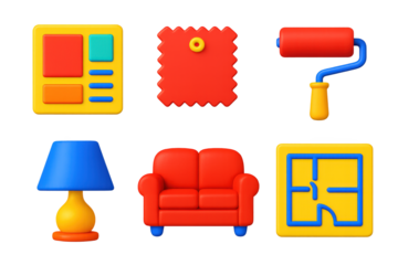 Bold 3D Interior Icons. 3D icon set of interior design: mood board, fabric swatch, paint roller, lamp, sofa, floor plan sketch. A