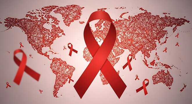 World aids day awareness with red ribbon symbols scattered across a world map to promote global health and support for those affected