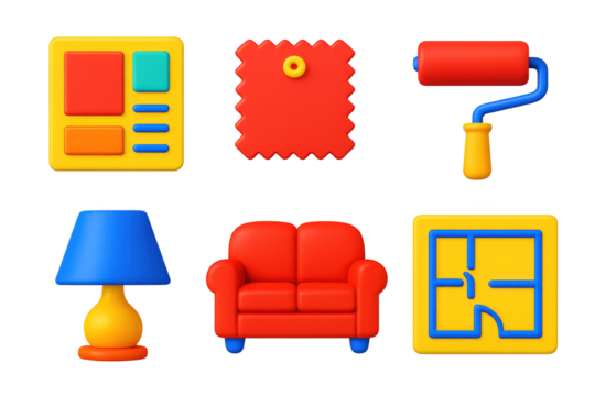 Bold 3D Interior Icons. 3D icon set of interior design: mood board, fabric swatch, paint roller, lamp, sofa, floor plan sketch. A