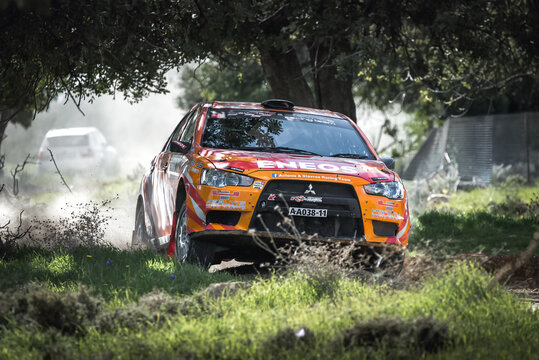 Anogyra, Cyprus - January 29, 2023: Driver Antoniou Stavros (cy) driving Mitsubishi Lancer Evo X at Anogyra Rally Sprint 2023