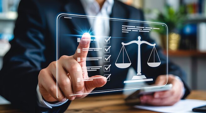 Lawyer using futuristic holographic interface displaying scales of justice and legal documents for digital law and justice concept - Powered by Adobe