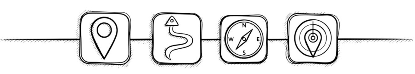 Vecter icons for hand drawn navigation journey route planning compass,location map, design elements for web and print