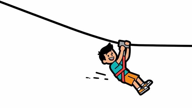 Animated loop of a cheerful cartoon boy enjoying a thrilling zip line adventure with great