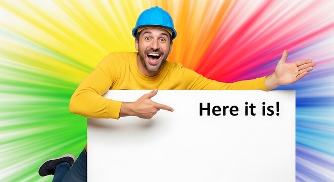 Happy construction worker pointing large blank sign promotion message