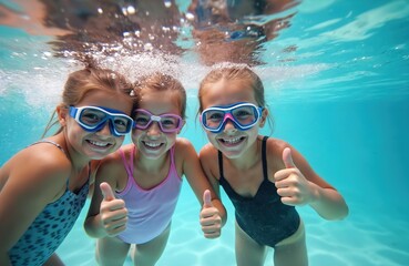 Three cheerful girls in swimwear underwater show thumbs up in pool. Happy smiling children wear goggles, enjoy swim at leisure. Friends have fun. Concept of vacation, friendship, summer.
