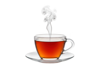 Steaming cup of tea on saucer clear glass teacup hot drink beverage aroma on transparent background
