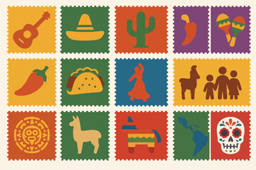 Mexican Cultural Icons in Stamp Design Featuring Tacos, Sombrero, and More