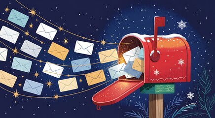 Whimsical red mailbox overflowing with letters and envelopes in a snowy night sky with twinkling stars and snowflakes