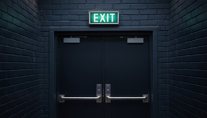 Illuminated green exit sign glows above a dark closed metal door with push bars in a dimly lit hallway