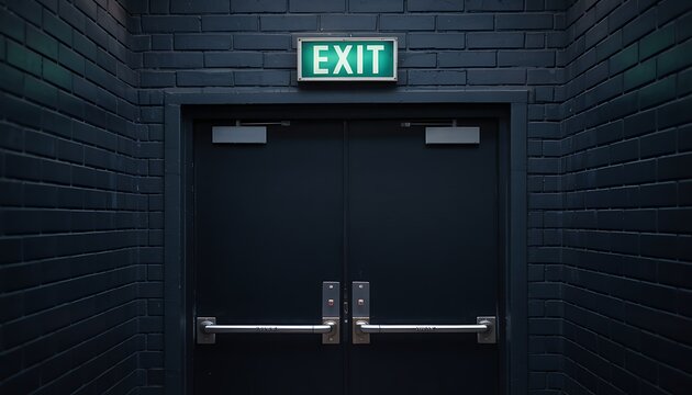 Illuminated green exit sign glows above a dark closed metal door with push bars in a dimly lit hallway