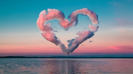 Fototapeta premium Dreamy heart shaped cloud formation floating over calm ocean water at sunset with vibrant pink and blue sky colors