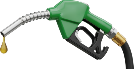 Close up of a green gas pump nozzle with a drop of yellow fuel falling from a metallic spout isolate gasoline energy liquid station automobile car transportation
