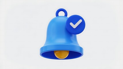 3d blue notification bell icon with a checkmark symbol indicating a successful alert or confirmation on a light background