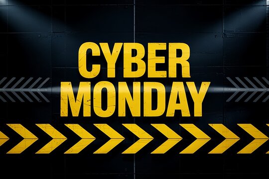 Bold yellow cyber monday text illuminated by spotlights over a caution tape pattern background - Powered by Adobe