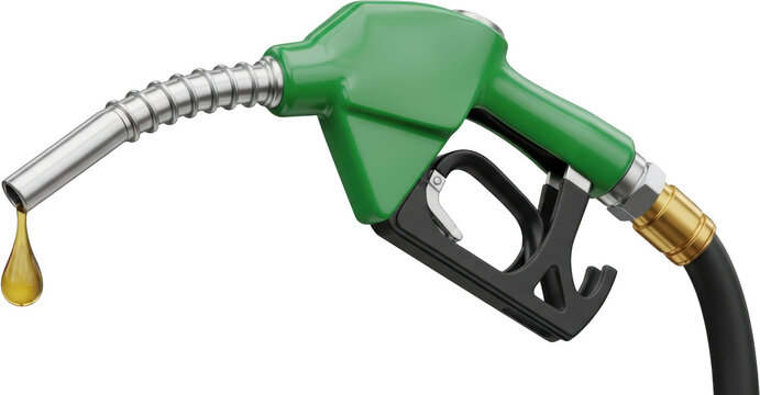 Close up of a green gas pump nozzle with a drop of yellow fuel falling from a metallic spout isolate gasoline energy liquid station automobile car transportation
