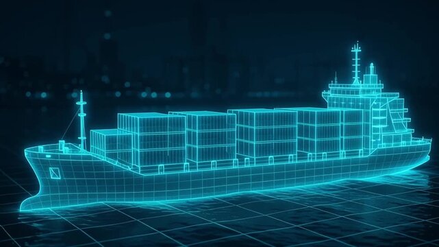 Futuristic Cargo Ship in Glowing Blue Wireframe Design Showcases Intricate Details of Supply Chain Logistics and Importance of Efficient Transport in Maritime Technology