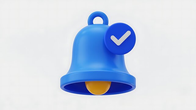 Blue 3d notification bell icon with a white checkmark symbol indicating success or confirmation on a plain background