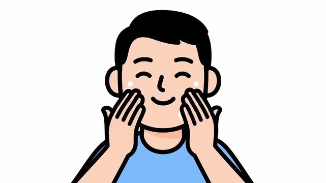 Animated man demonstrates skin care routine, applying cream on face step by step facial care