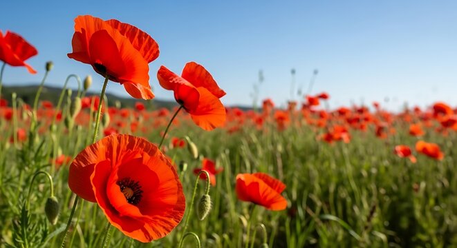 Vibrant red poppies blooming in a field under a clear blue sky - Powered by Adobe